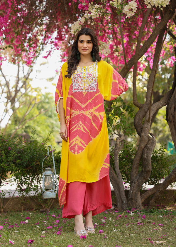 Molly Viscose Yellow & Pink Multicolor Tie dye Kaftan Coord Set
