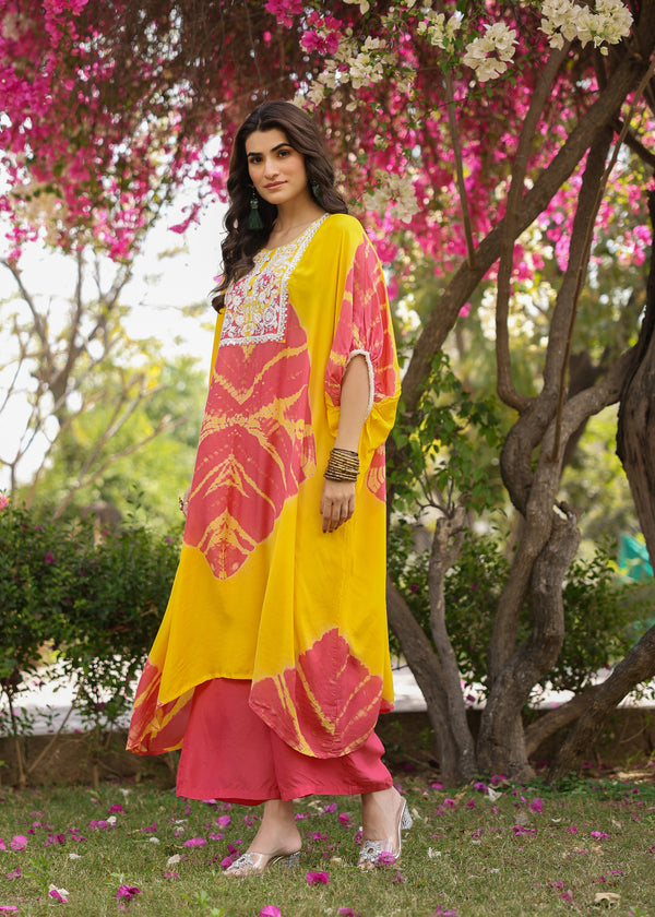 Molly Viscose Yellow & Pink Multicolor Tie dye Kaftan Coord Set