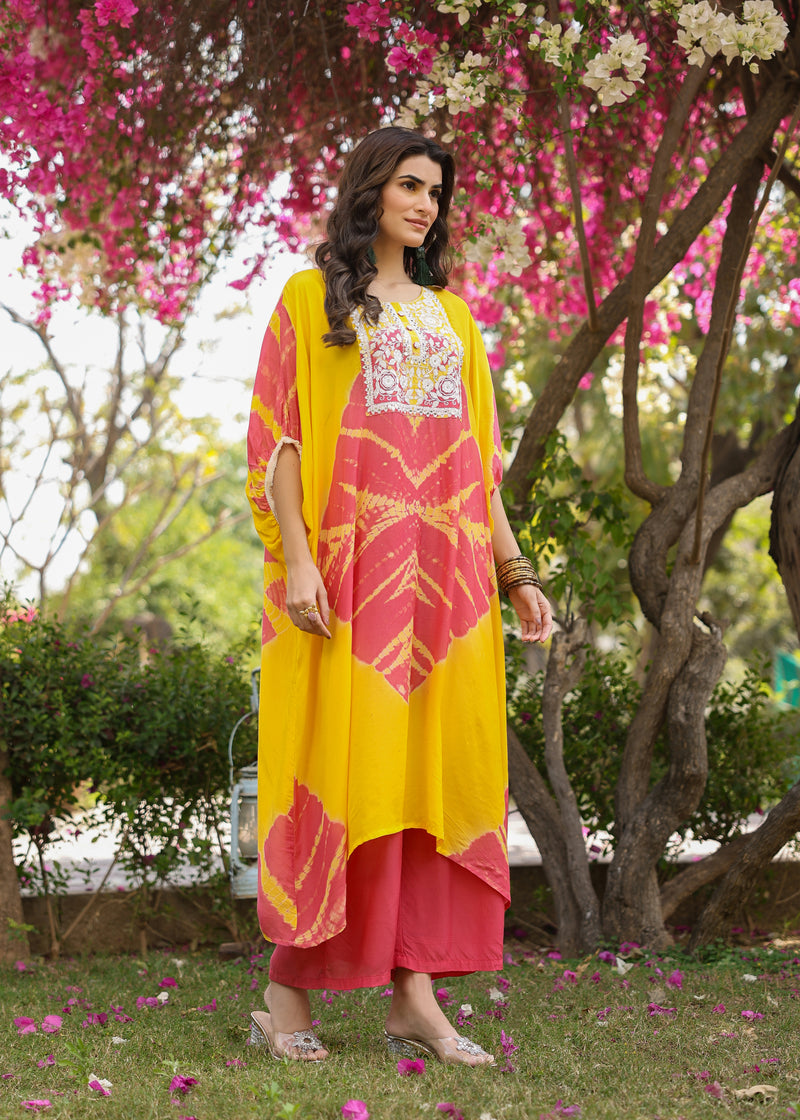 Molly Viscose Yellow & Pink Multicolor Tie dye Kaftan Coord Set