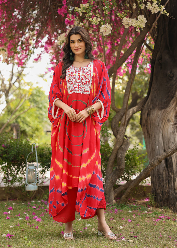 Rosie Viscose Red Multicolor Tie dye Kaftan Coord Set