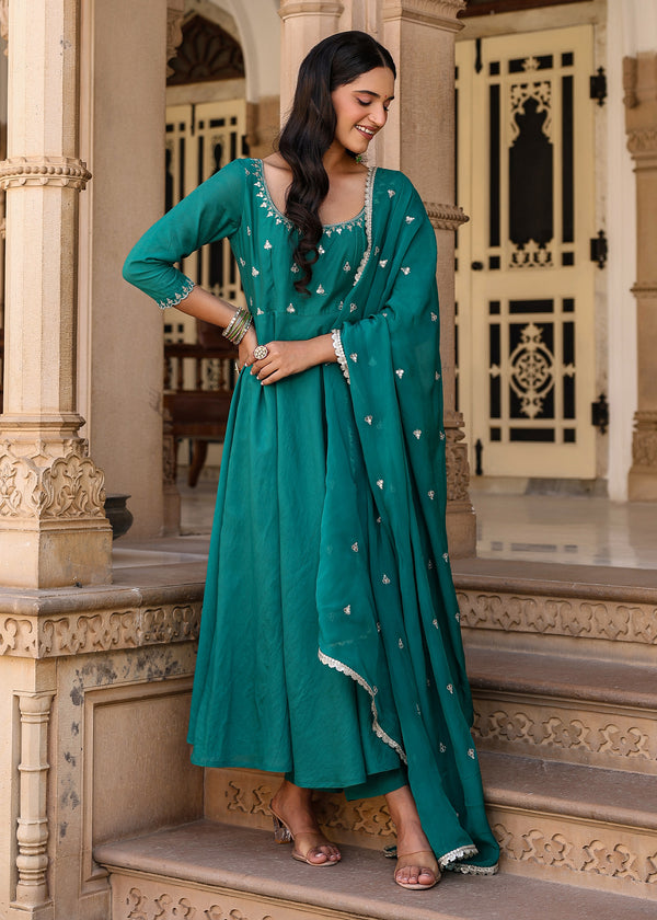 Mrig Green Embroidered Chanderi Suit set with Dupatta