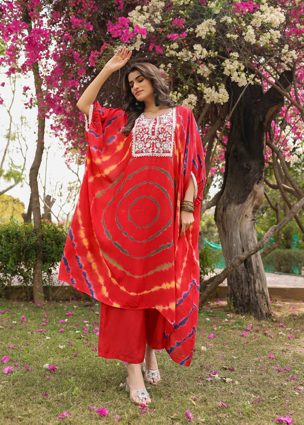 Rosie Viscose Red Multicolor Tie dye Kaftan Coord Set