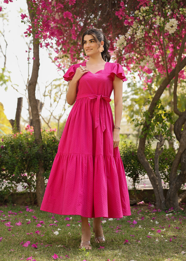 Della Cotton Pink Embroidered Flared Dress