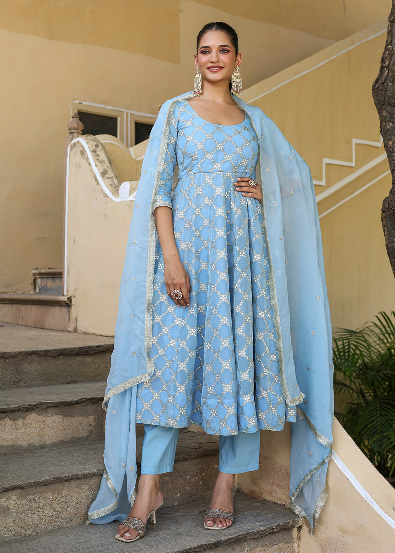 Giva Powder Blue Jacquard Anarkali Suit set with Dupatta