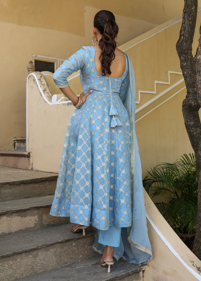 Giva Powder Blue Jacquard Anarkali Suit set with Dupatta