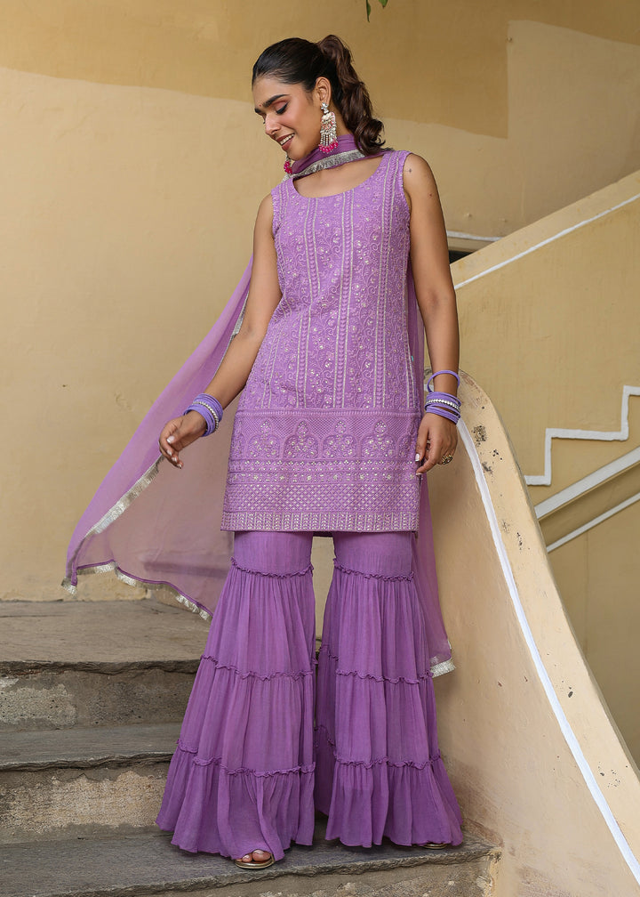 Adira Purple Chikankari Sharara set with Dupatta