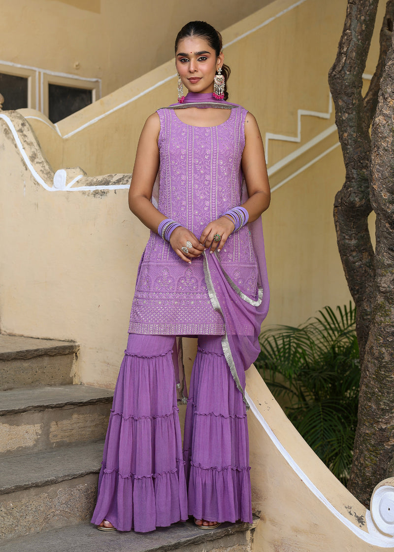 Adira Purple Chikankari Sharara set with Dupatta
