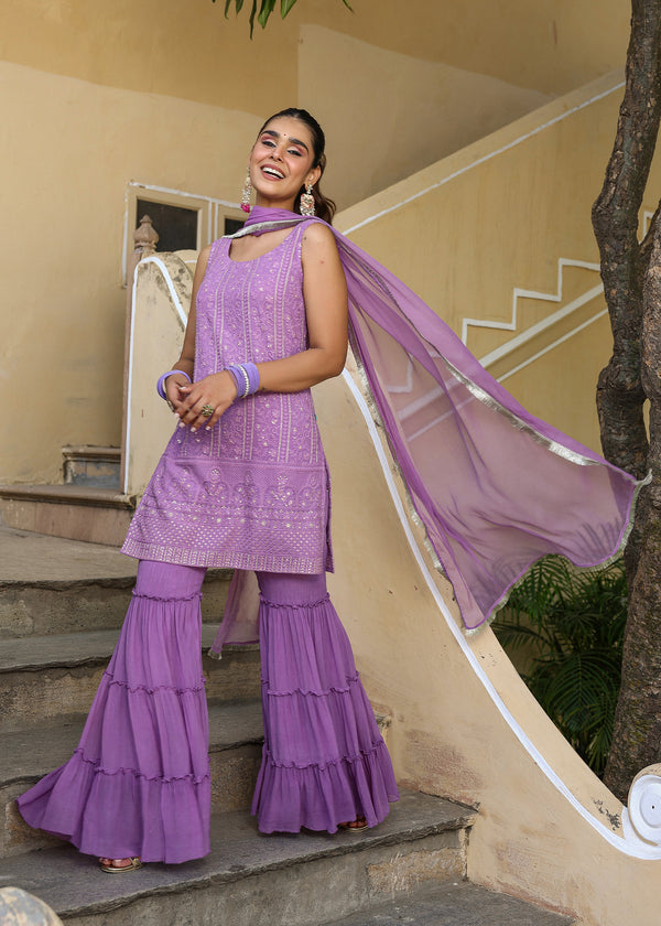 Adira Purple Chikankari Sharara set with Dupatta