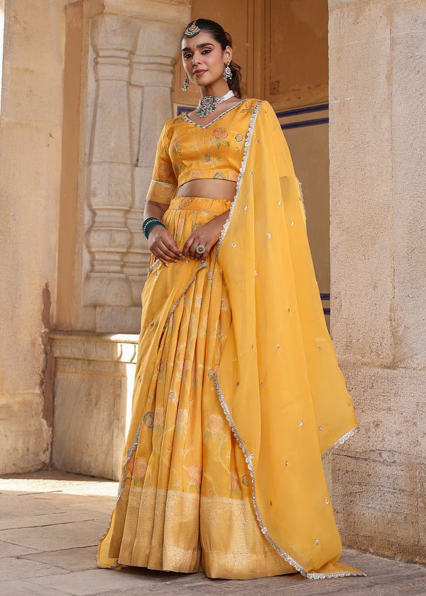 Vrisha Yellow Floral Printed Jacquard Lehenga set