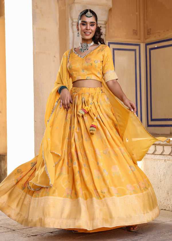 Vrisha Yellow Floral Printed Jacquard Lehenga set