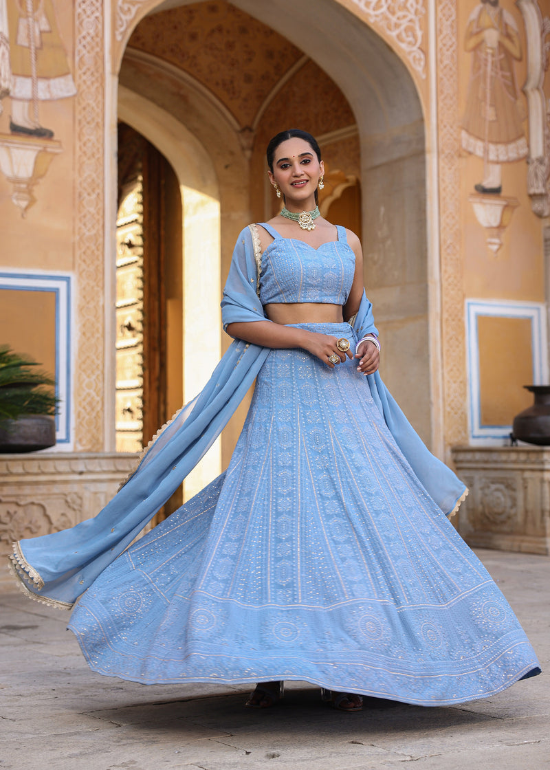 Tahira Powder Blue Lucknowi Embroidered Lehenga Set