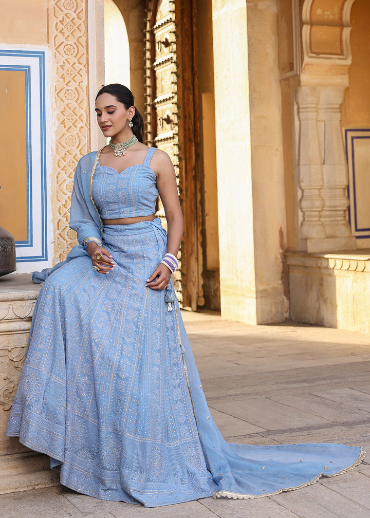 Tahira Powder Blue Lucknowi Embroidered Lehenga Set