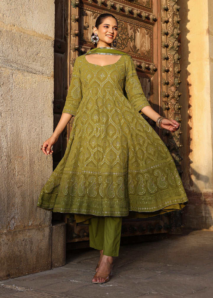 Nayab Olive Chikankari Anarkali Suit set with Dupatta EverBloom Nayab Olive Chikankari Anarkali Suit set with Dupatta EverBloom