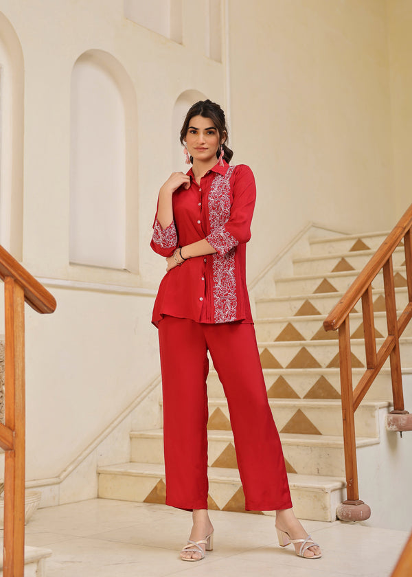 Amily Viscose Red Embroidered Coord Set