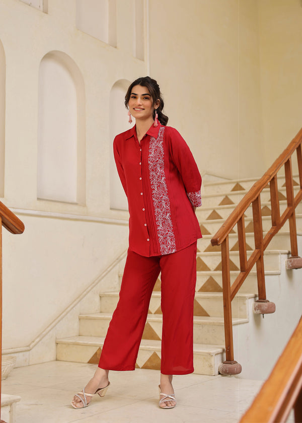 Amily Viscose Red Embroidered Coord Set