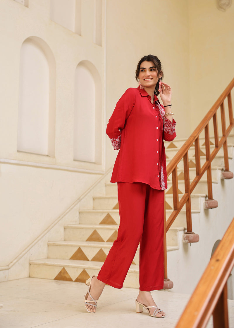 Amily Viscose Red Embroidered Coord Set