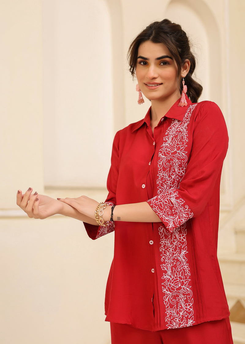 Amily Viscose Red Embroidered Coord Set