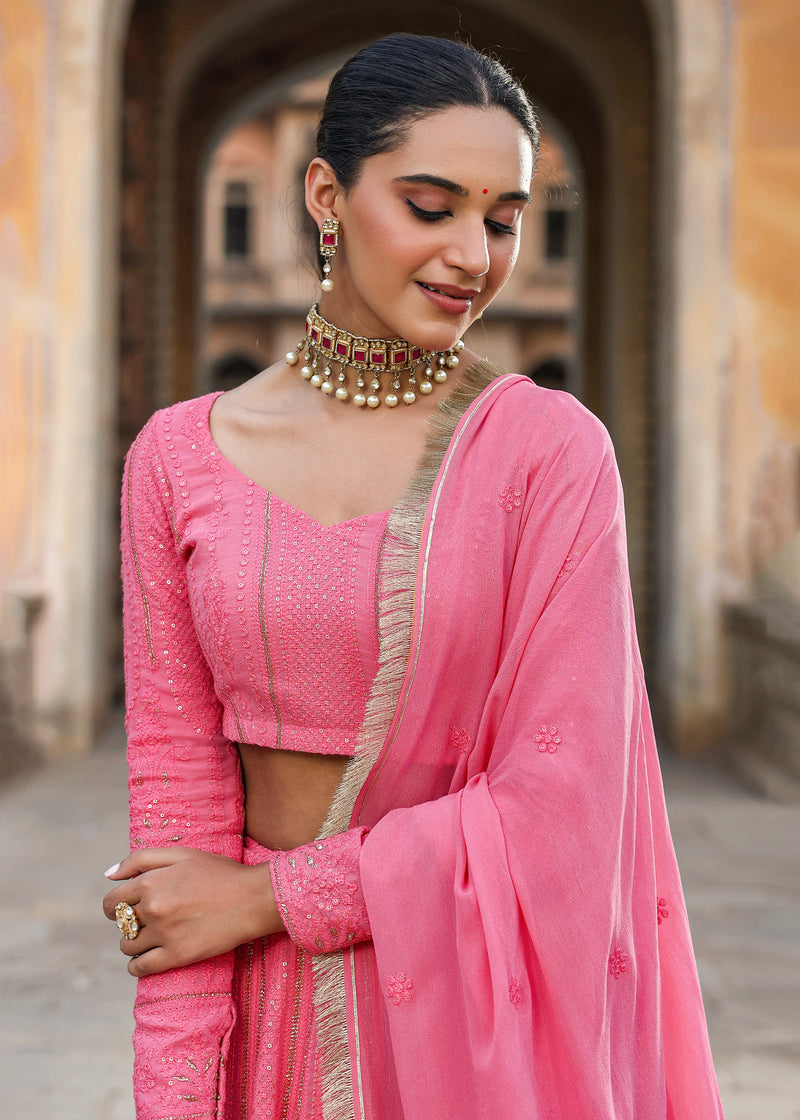 Sannah Pink Lucknowi Embroidered Lehenga Set