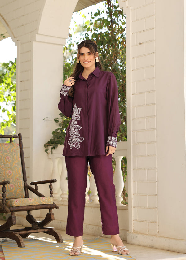 Kim Viscose Purple Embroidered Coord Set