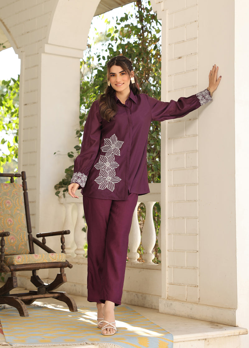 Kim Viscose Purple Embroidered Coord Set