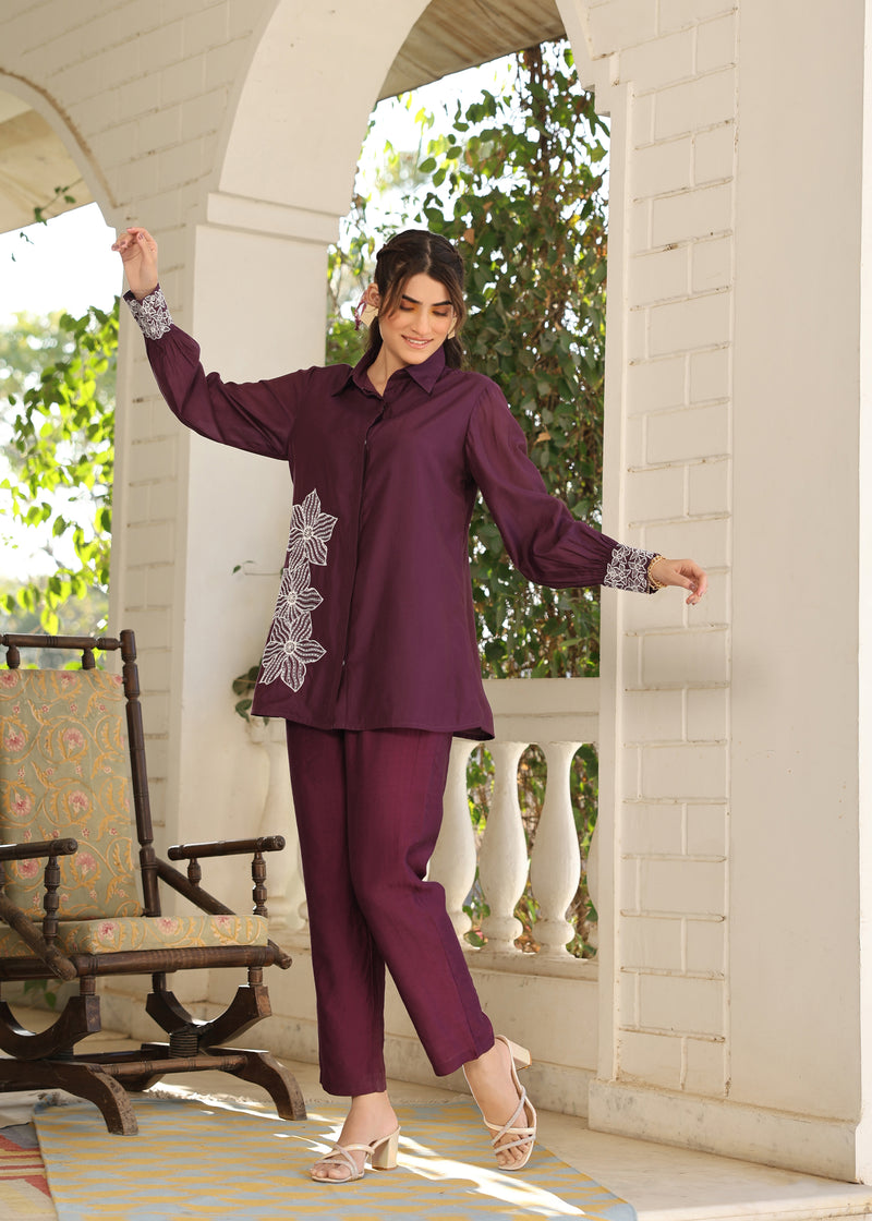 Kim Viscose Purple Embroidered Coord Set