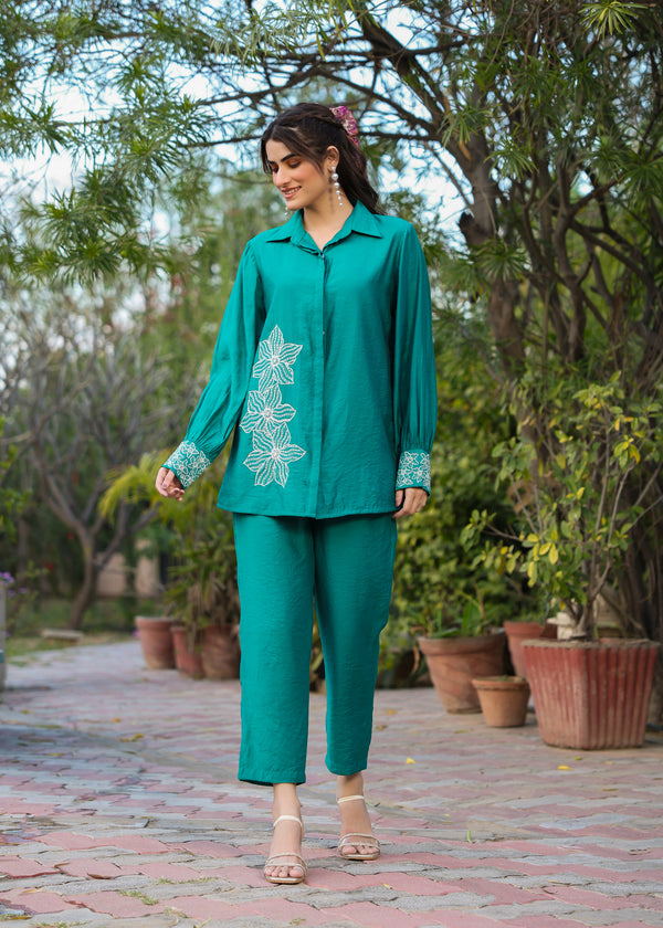 Clara Viscose Green Embroidered Coord Set