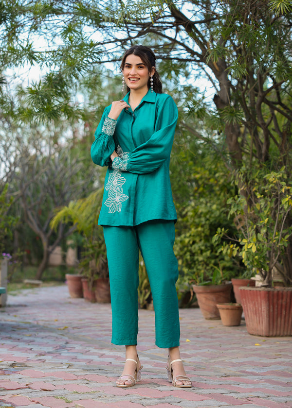 Clara Viscose Green Embroidered Coord Set