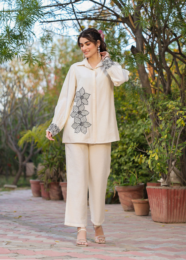 Pearl Viscose Ivory Embroidered Coord Set