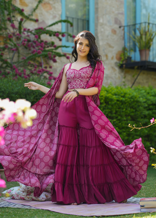 Kayra Printed Viscose Magenta Cape Set With Sharara