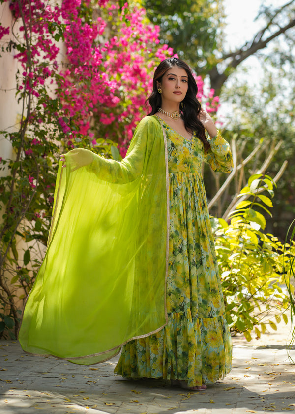 Dhara Georgette Green Floral Printed Gown Set