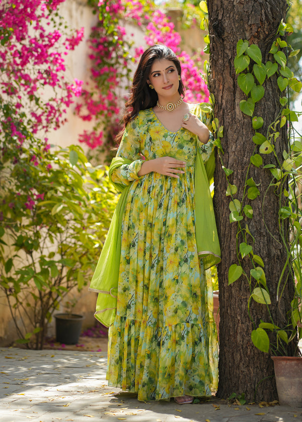 Dhara Georgette Green Floral Printed Gown Set