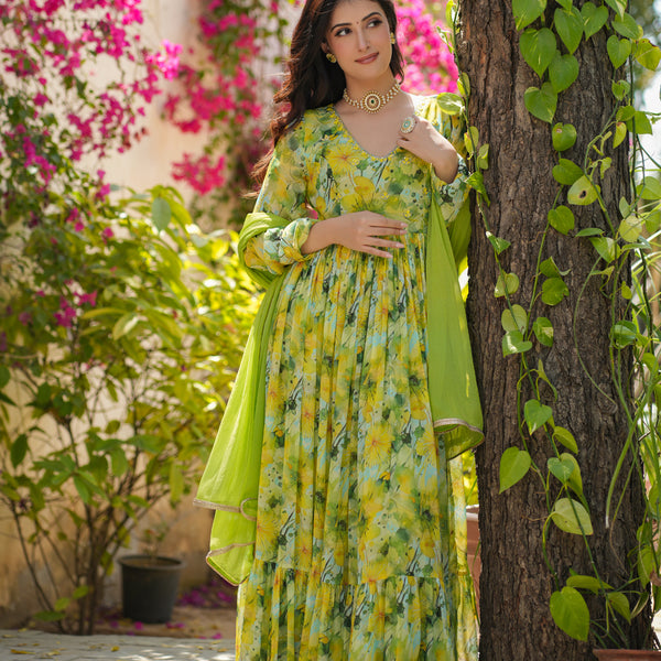 simple georgette dress designs Long Gown Printed Georgette Floral Long Gown Designs Dhara Georgette Green Floral Printed Gown Set – EverBloom Kamahl has a temper Color:C-Slate Grey Anarkali suit grey Classic Black Elegance Brogue