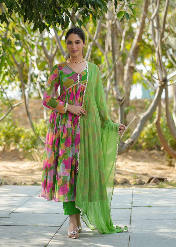 Ishani Green Georgette Printed Alia Cut Suit Set