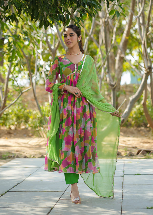 Ishani Green Georgette Printed Alia Cut Suit Set