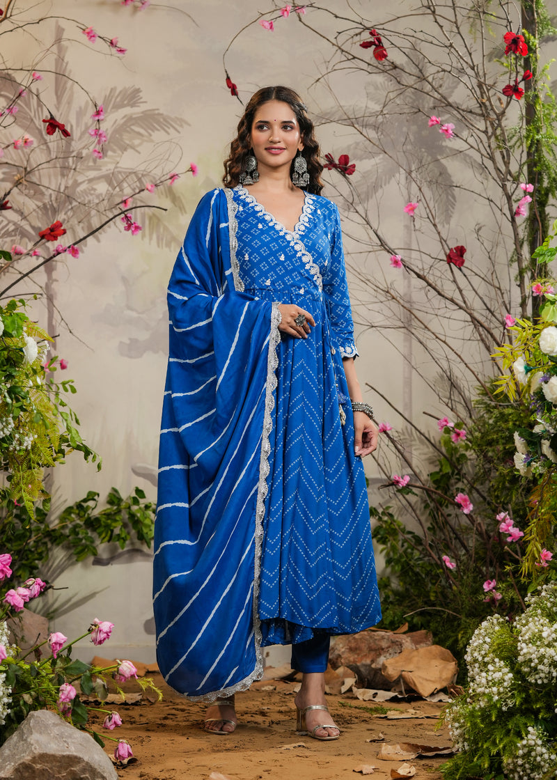 Kashika Blue Bandhej Angrakha Kurti With Pant & Dupatta