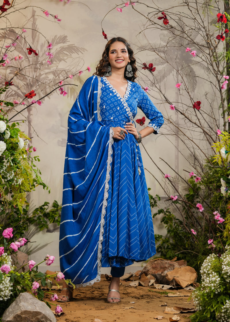 Kashika Blue Bandhej Angrakha Kurti With Pant & Dupatta