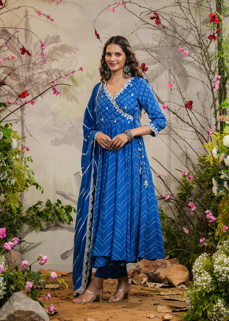 Kashika Blue Bandhej Angrakha Kurti With Pant & Dupatta