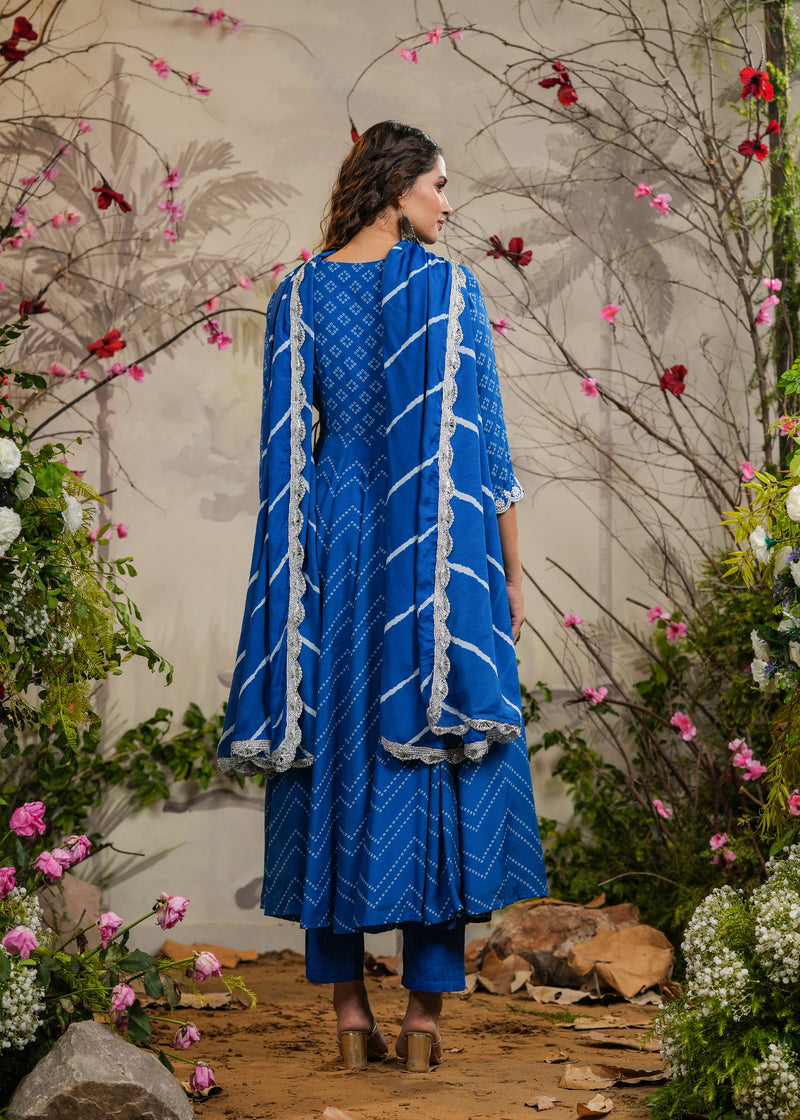 Kashika Blue Bandhej Angrakha Kurti With Pant & Dupatta