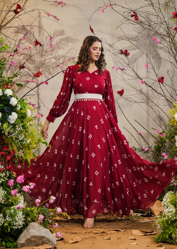 Maheep Red Bandhej Gown With Belt