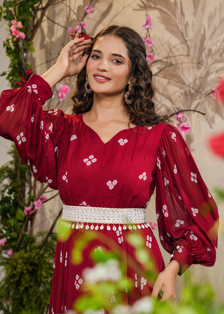 Maheep Red Bandhej Gown With Belt