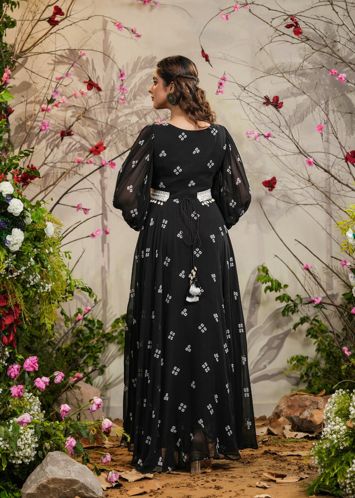 Kalki Black Bandhej Gown With Belt