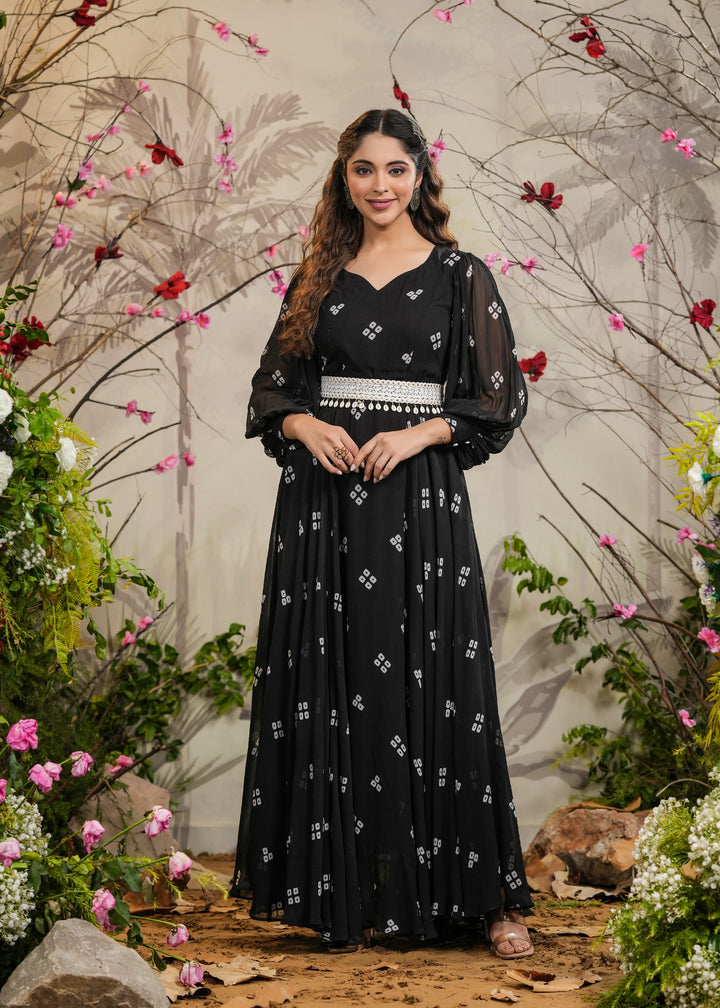 Kalki Black Bandhej Gown With Belt