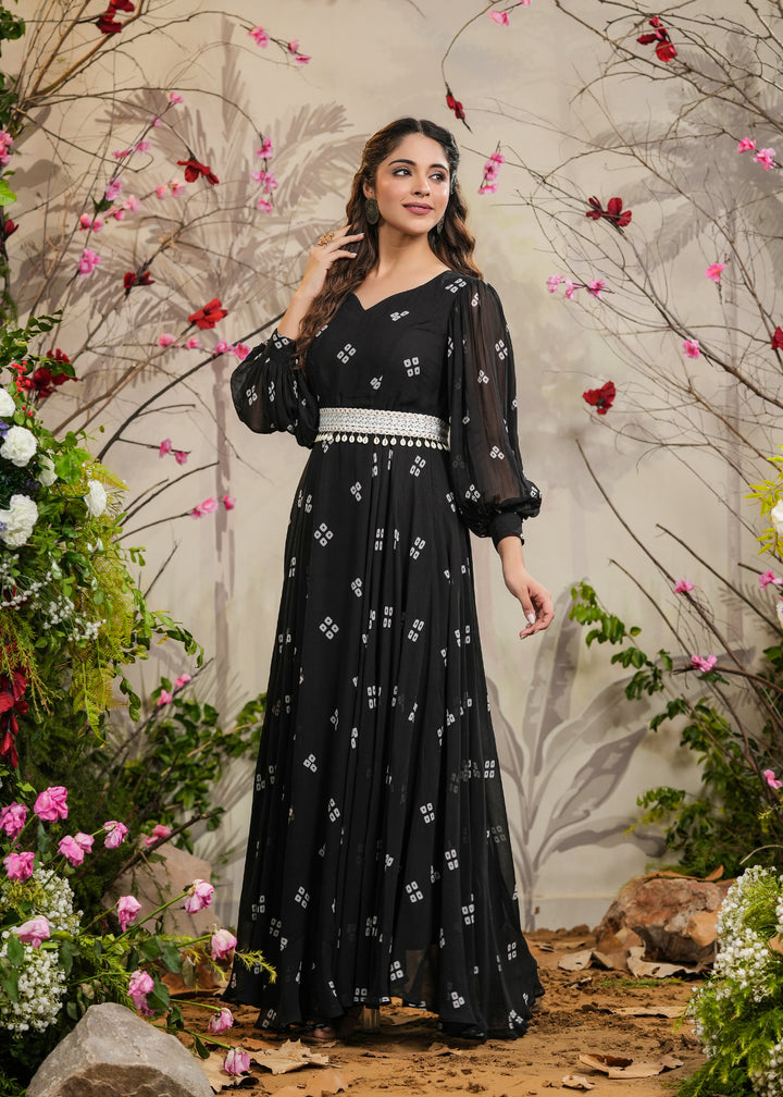 Kalki Black Bandhej Gown With Belt