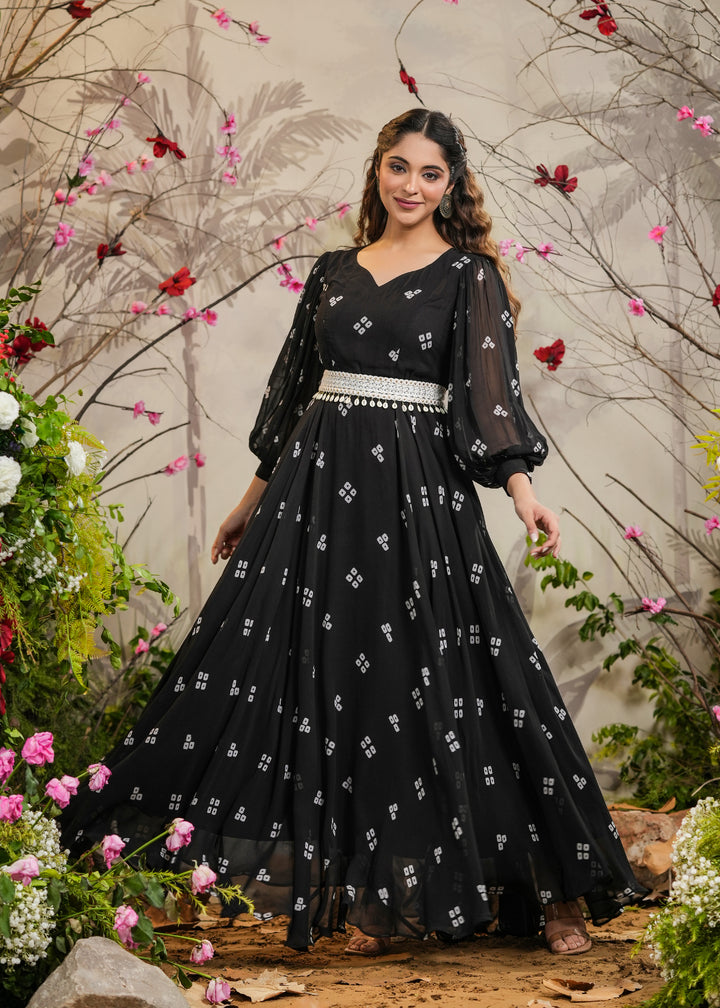Kalki Black Bandhej Gown With Belt