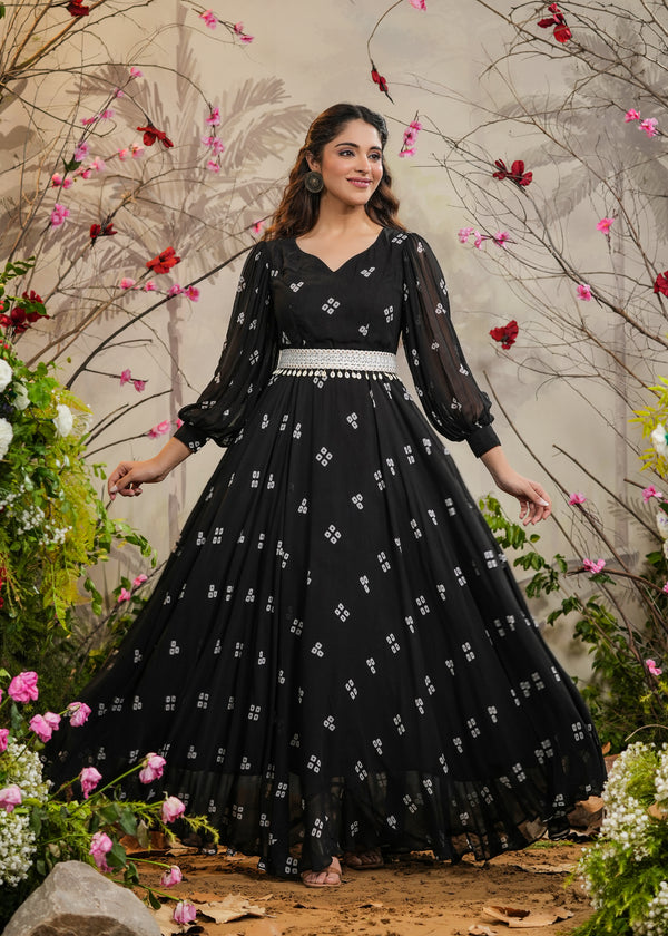 Kalki Black Bandhej Gown With Belt