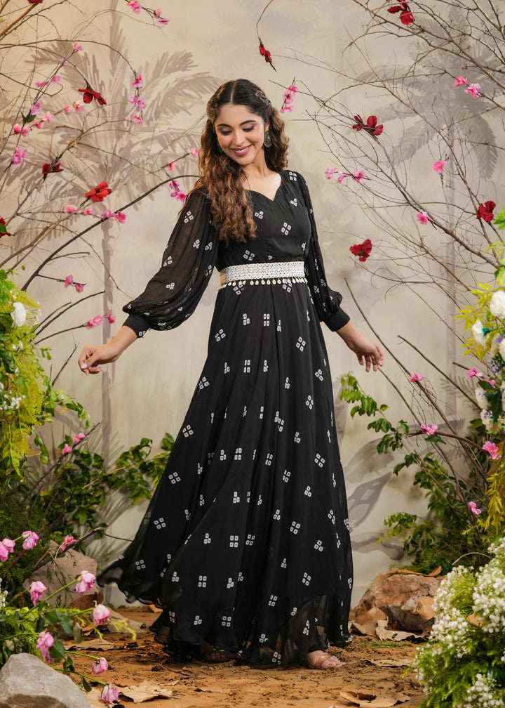 Kalki Black Bandhej Gown With Belt