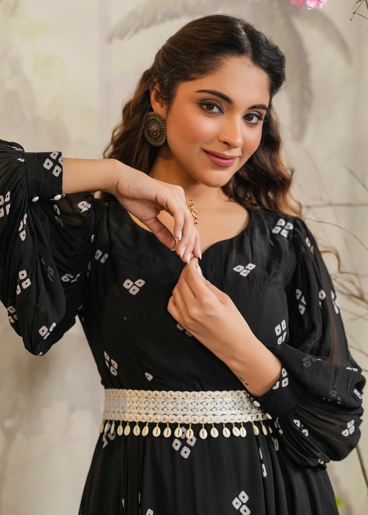 Kalki Black Bandhej Gown With Belt
