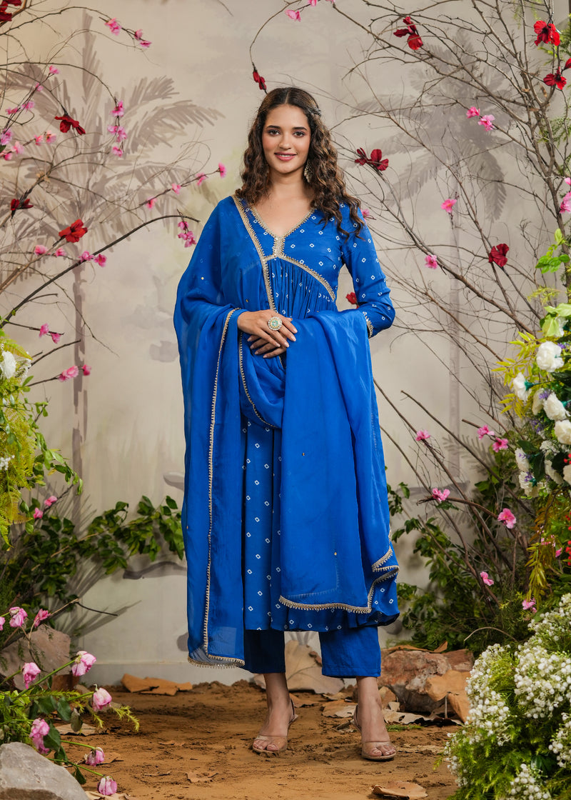 alia cut dress kurti Meenal Blue Bandhej Alia Cut Kurti With Pant & Dupatta EverBloom