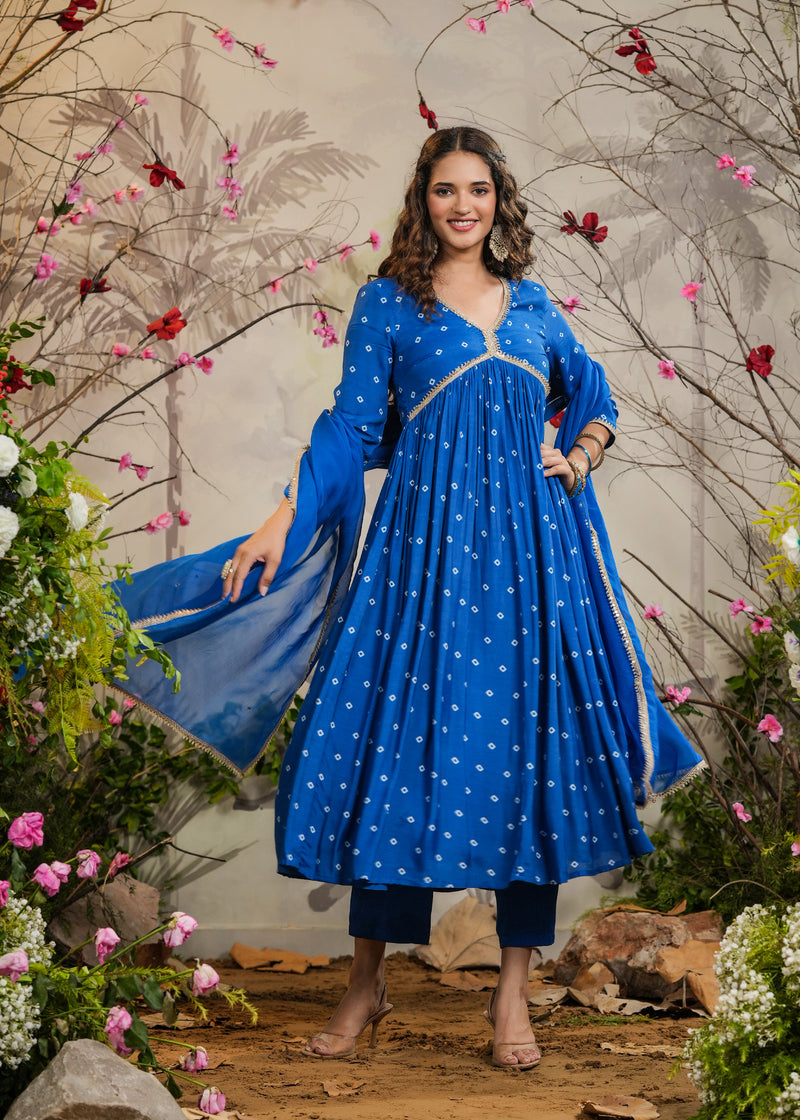 Meenal Blue Bandhej Alia Cut Kurti With Pant & Dupatta EverBloom Meenal Blue Bandhej Alia Cut Kurti With Pant & Dupatta EverBloom
