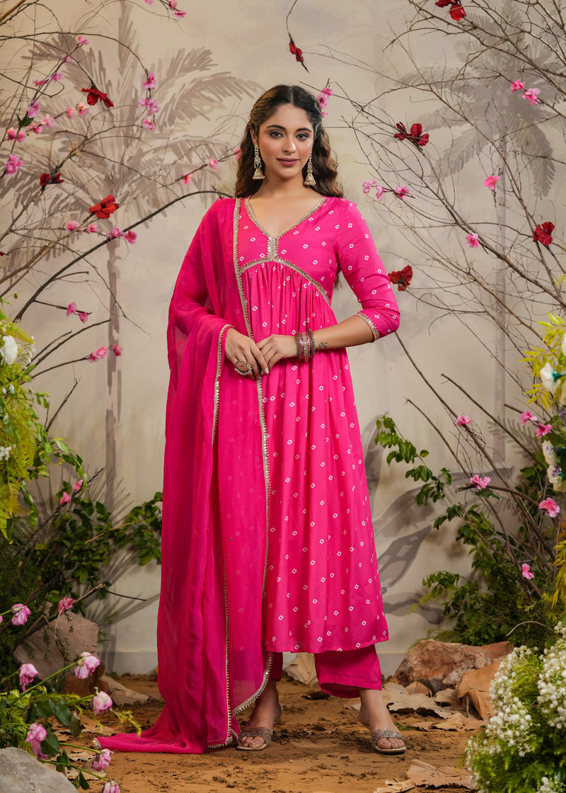 Neet Pink Bandhej Alia Cut Kurti With Pant & Dupatta